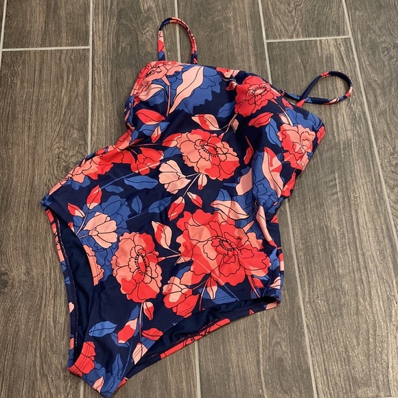 Navy and Coral Floral Convertible Strapless One Piece Swim suit - Picture 8 of 12